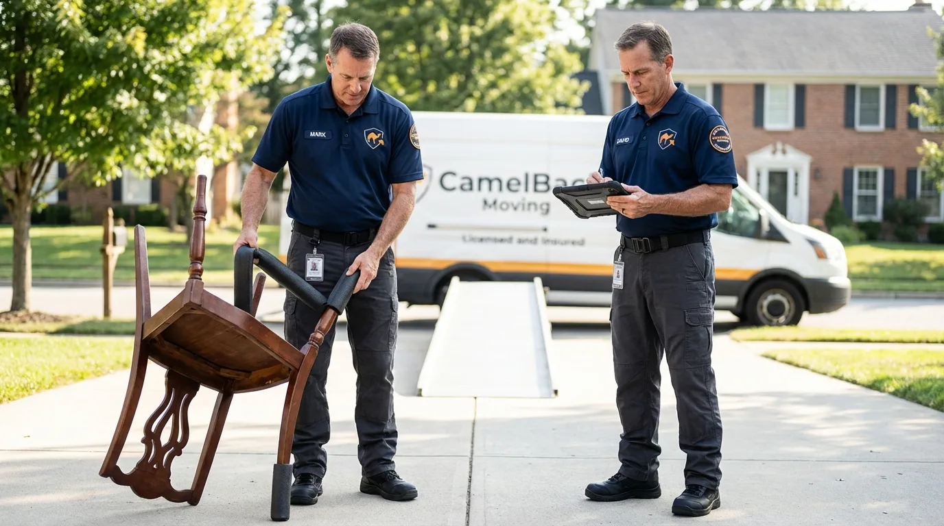 Movers inspecting furniture for damage prevention before loading in Tennille, GA