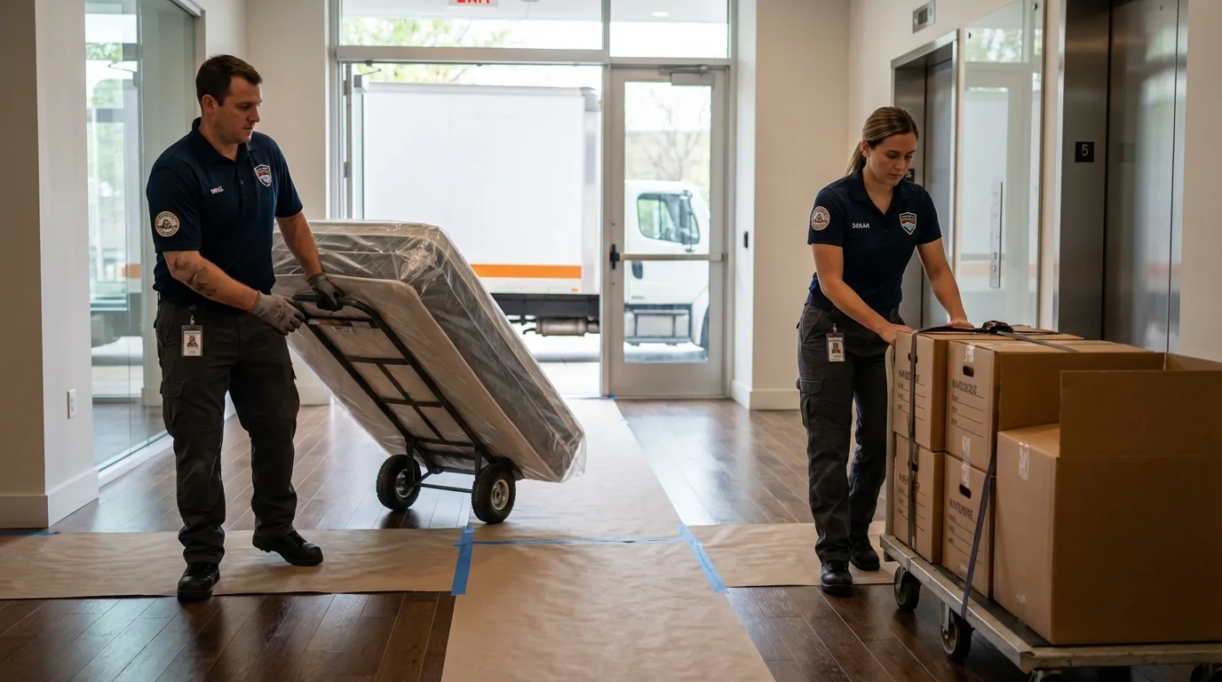 Professional apartment movers loading elevator in Tennille, GA